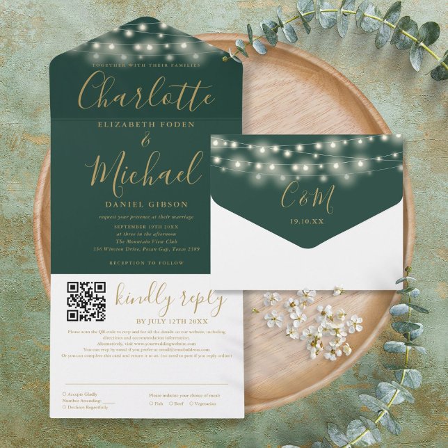 String Lights Green Gold Script QR Code Wedding All In One Invitation (String Lights Green Gold Script QR Code Wedding All In One Invitation)
