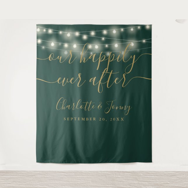 String Lights Green Gold Wedding Photo Backdrop (Front)