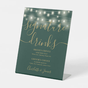 String Lights Green Gold Wedding Signature Drinks Pedestal Sign
