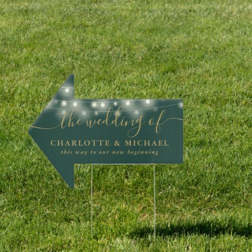 String Lights Green Gold Wedding This Way Arrow Sign