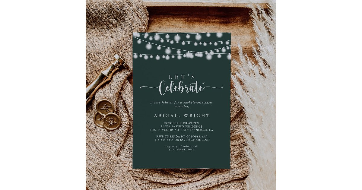 String Lights Green Let's Celebrate Party Invitation | Zazzle