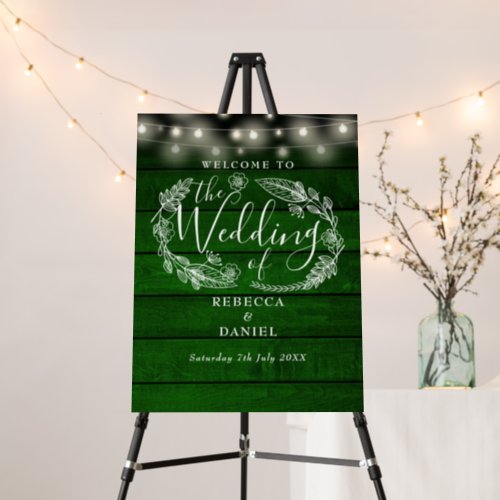 String Lights Green Rustic Wedding Welcome Sign
