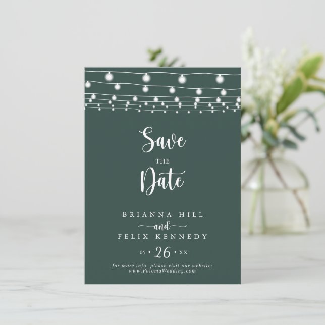 String Lights Green Wedding  Save The Date (Standing Front)