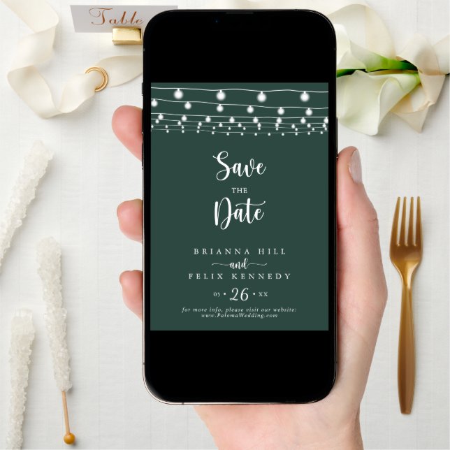 String Lights Green Wedding  Save The Date (Front Digital)