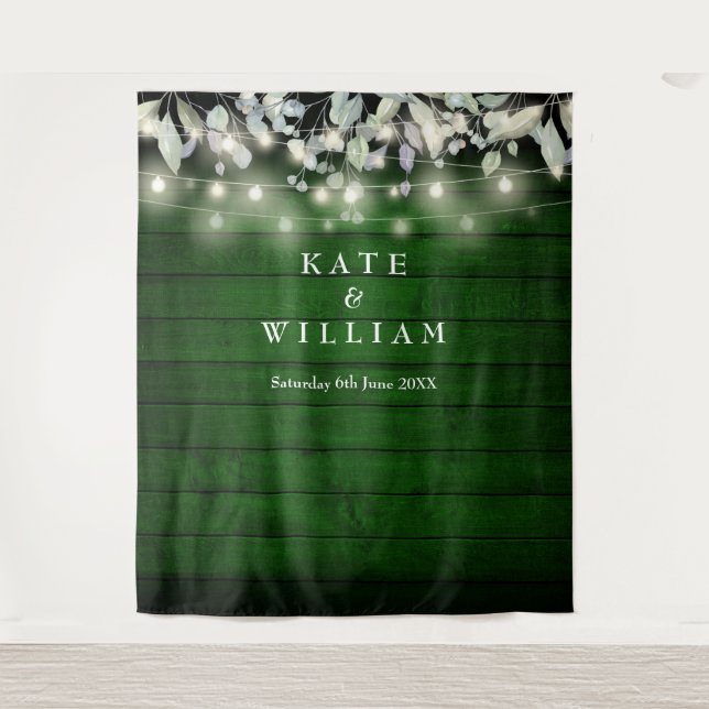 String Lights Green Wood Wedding Photo Backdrop (Front)