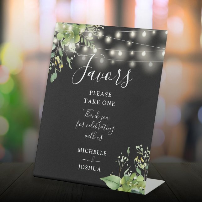 String Lights Greenery Black And White Favors Pedestal Sign (String Lights Greenery Black And White Favors Pedestal Sign)