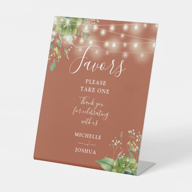 String Lights Greenery Botanical Terracotta Favors Pedestal Sign (Front)