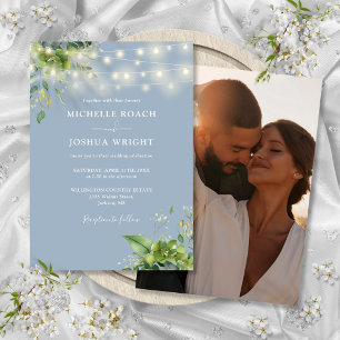String Lights Greenery Dusty Blue Photo Wedding Invitation