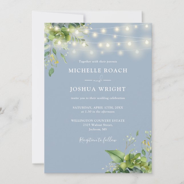 String Lights Greenery Dusty Blue QR Code Wedding Invitation (Front)