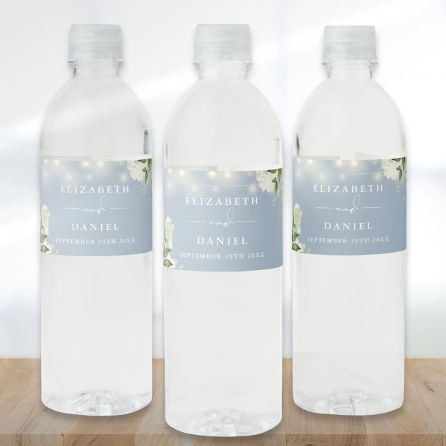 String Lights Greenery Floral Dusty Blue Wedding Water Bottle Label (String Lights Greenery Floral Dusty Blue Wedding Water Bottle Label)