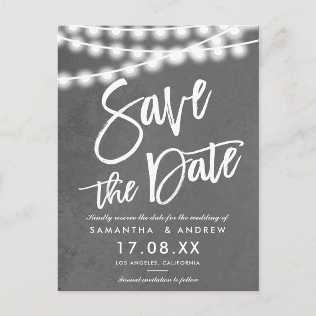 String lights grey cement industrial save the date announcement postcard (Front)