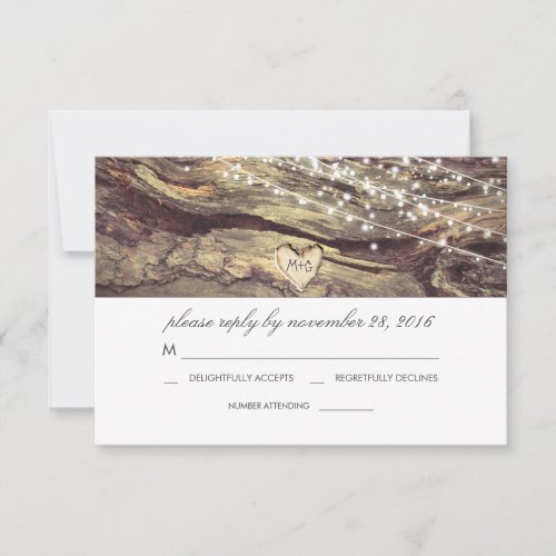 String Lights Heart Rustic Wood Wedding RSVP