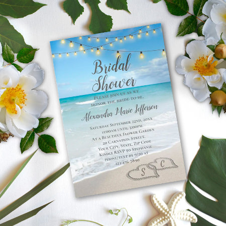 String Lights Hearts In Sand Beach Bridal Shower Invitation