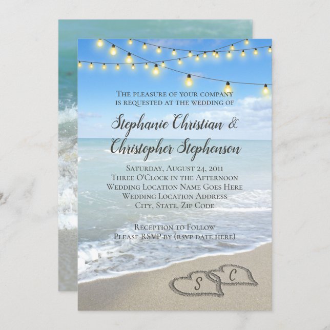 String Lights Hearts in the Sand Beach Wedding Invitation (Front/Back)