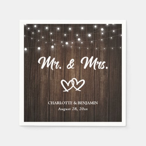 String Lights Hearts Rustic Wood Wedding Napkins