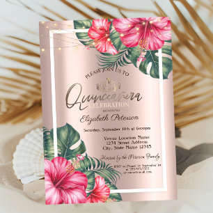 String Lights Hibuscus Rose Gold Quinceañera Invitation