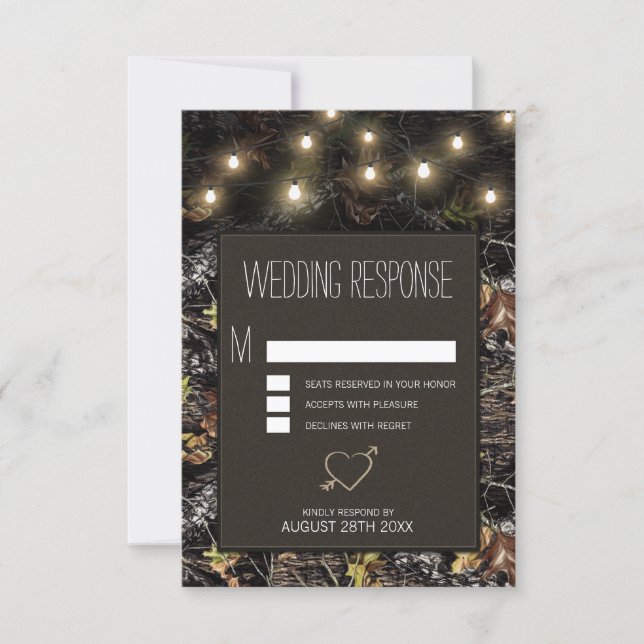 String Lights + Hunting Camo Wedding RSVP Cards (Front)