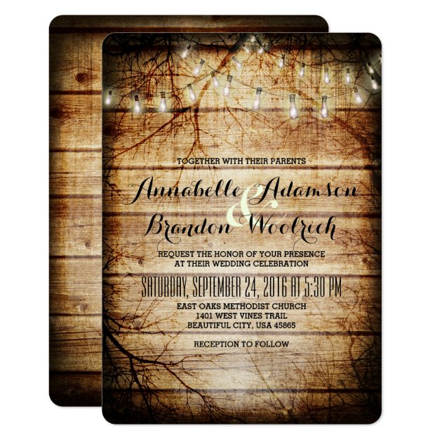 String Lights In Tree Vintage Barn Wood Rustic Invitation