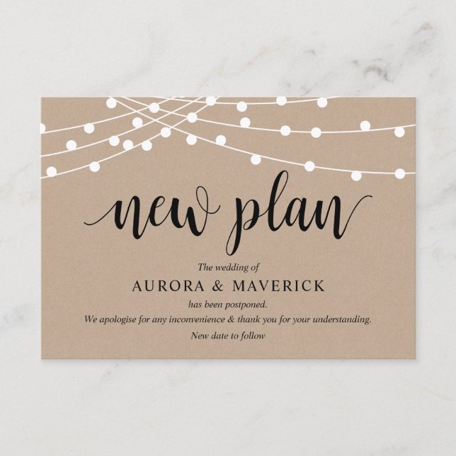String Lights Kraft, Black, Wedding postpone Enclosure Card (Front)