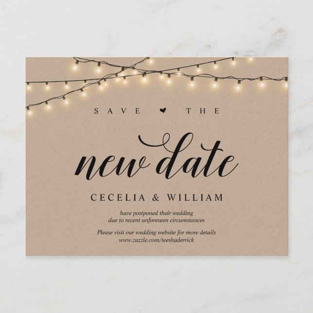 String Lights, Kraft, Save the new date, Postponed Postcard (Front)
