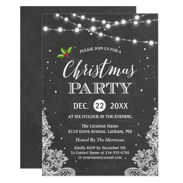 String Lights Lace Chalkboard Christmas Party Invitation