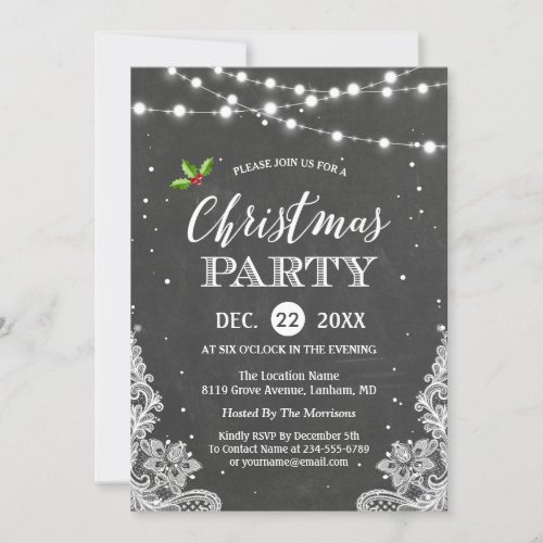 String Lights Lace Chalkboard Christmas Party Card
