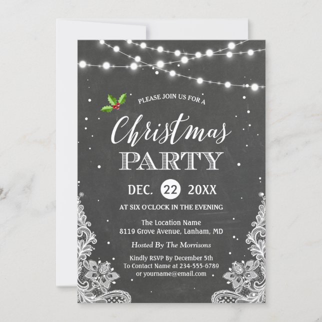 String Lights Lace Chalkboard Christmas Party Invitation (Front)