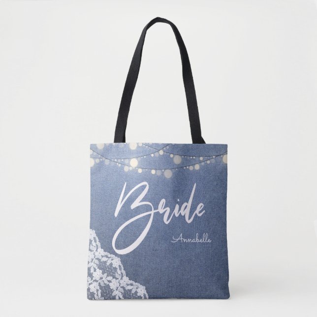 String Lights, Lace & Jean Floral Tote Bag (Front)