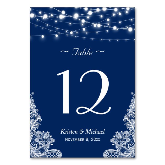 String Lights Lace Navy Blue Wedding Table Number Card