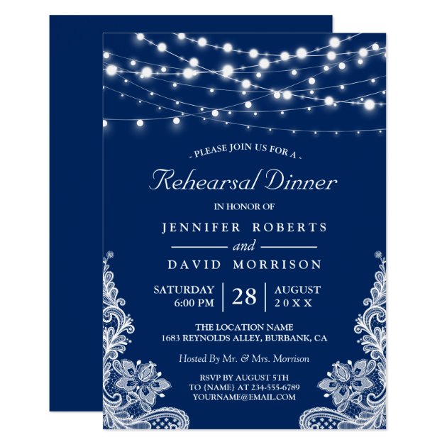 String Lights Lace Navy Wedding Rehearsal Dinner Invitation