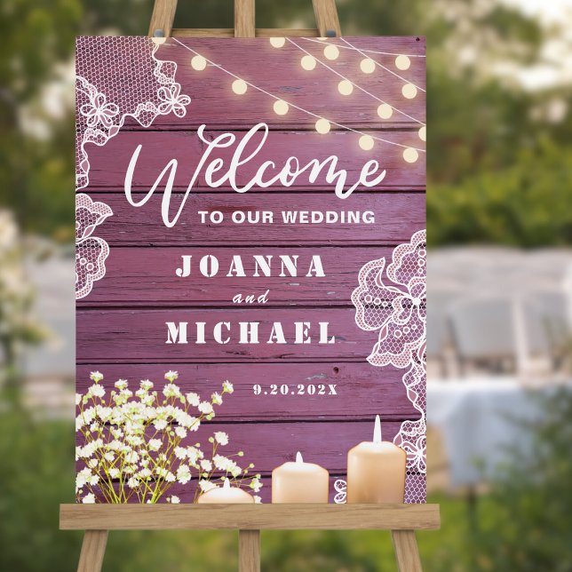 String Lights & Lace | Purple Wood Welcome Wedding Foam Board (Creator Uploaded)