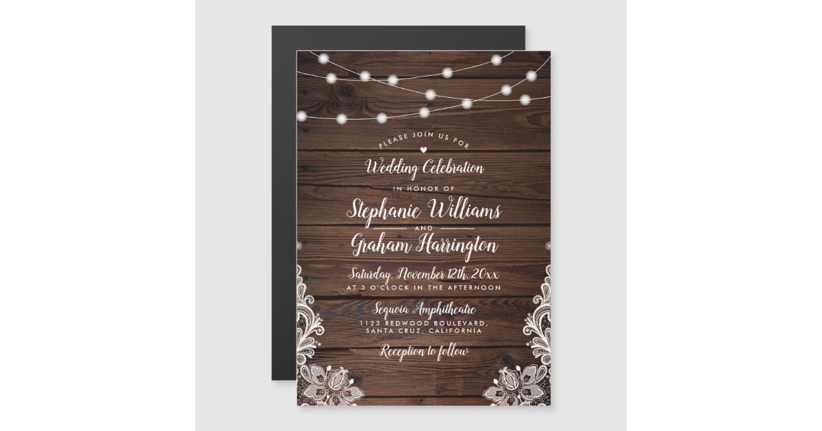 String Lights & Lace | Rustic Country Wedding Magnetic Invitation | Zazzle