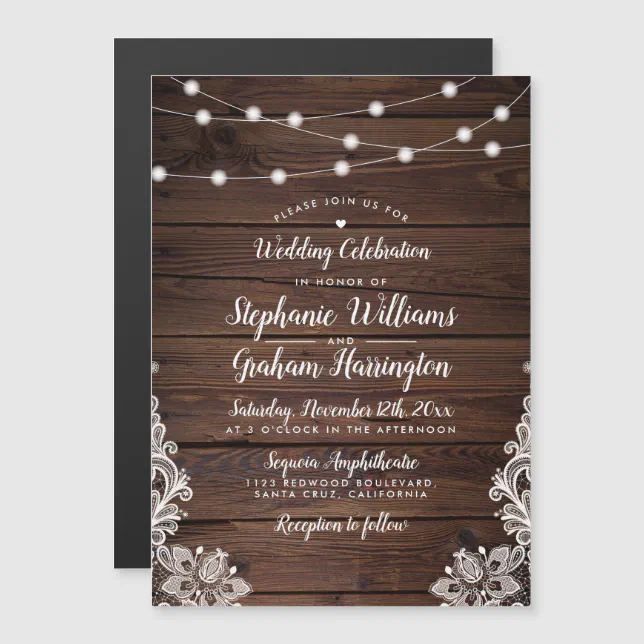 String Lights & Lace | Rustic Country Wedding Magnetic Invitation | Zazzle