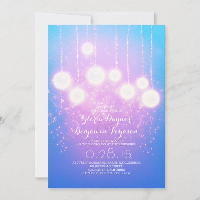 string lights & lanterns light blue wedding invite (Front)