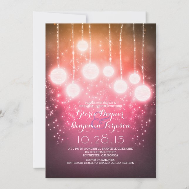 string lights & lanterns shimmer rehearsal dinner invitation (Front)