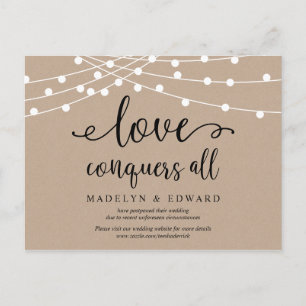 String lights, Love conquers all wedding postponed Postcard