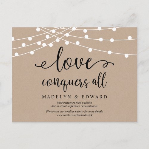 String lights Love conquers all wedding postponed Postcard