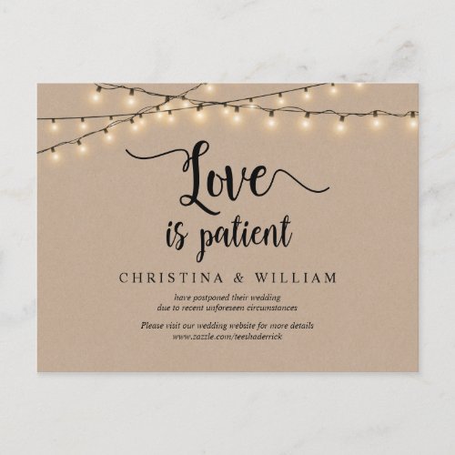 String Lights Love is Patient Wedding Postponed Postcard