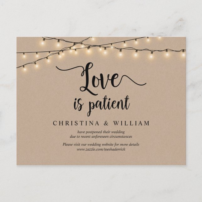 String Lights, Love is Patient, Wedding Postponed Postcard (Front)