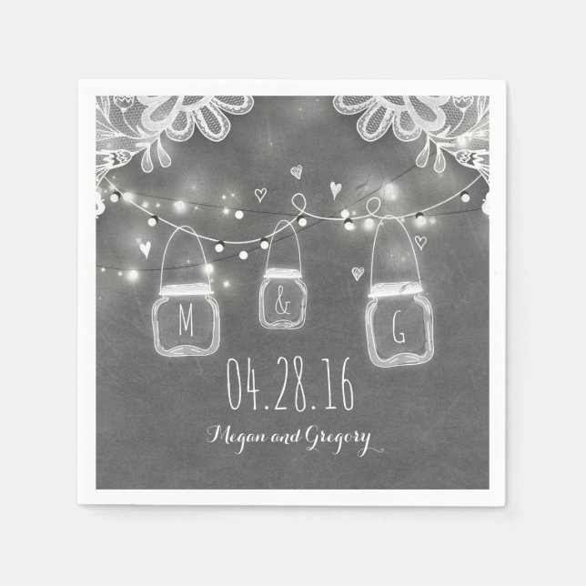 String Lights Mason Jar and Lace Rustic Wedding Napkins (Front)