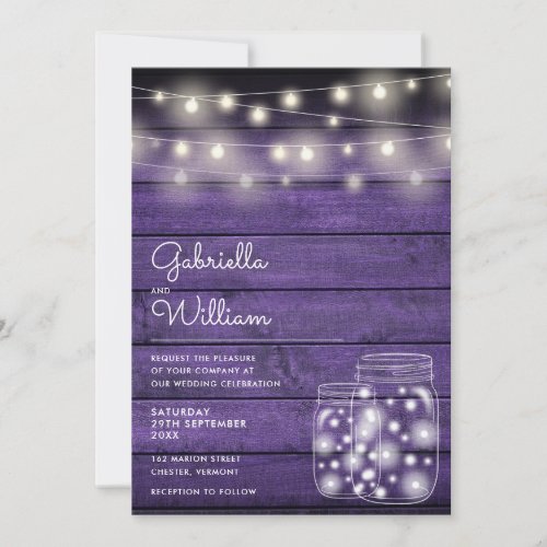 String Lights Mason Jar Rustic Purple Wood Wedding Invitation