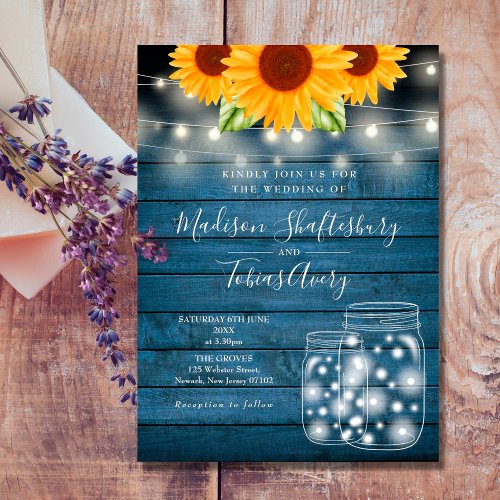 String Lights Mason Jar Sunflowers Rustic Wedding Invitation