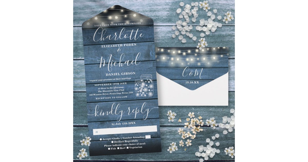 String Lights Mason Jars Blue Rustic Wood Wedding All In One Invitation ...