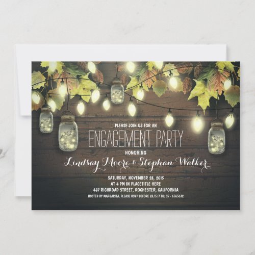 string lights mason jars fall engagement party invitation - Vintage rustic engagement party invitations with strings of lights and whimsical mason jars hanging on the colorful autumn leaves branches. Cute stylish and wooden engagement party invitation for rustic country engagement shower with a twinkle lights and mason jar deco in a beautiful fall. Please contact me if you need help with customization or have a custom color request. ---------- If you push CUSTOMIZE IT button you will be able to change the font style, color, size, move it etc. it will give you more options!