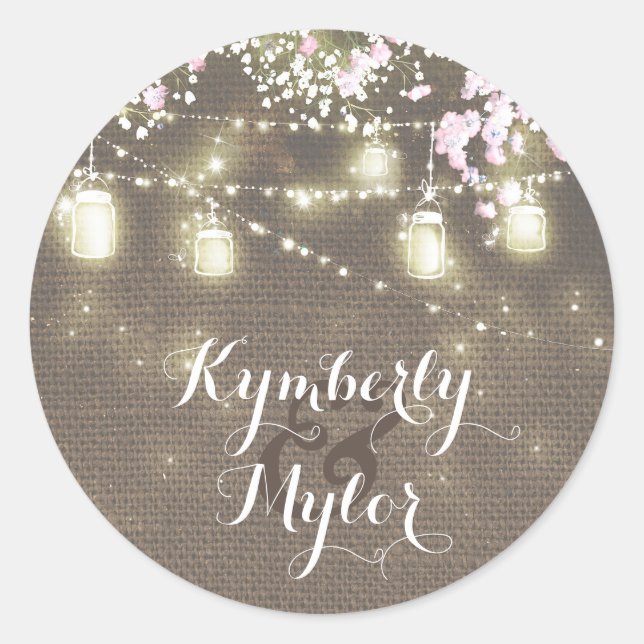 String Lights Mason Jars Rustic Baby's Breath Classic Round Sticker (Front)