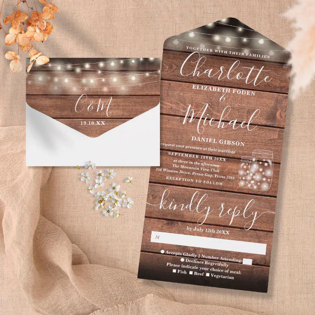 String Lights Mason Jars Rustic Barn Wood Wedding All In One Invitation
