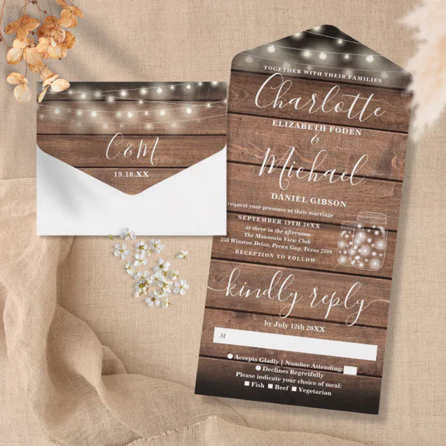 String Lights Mason Jars Rustic Barn Wood Wedding All In One Invitation ...