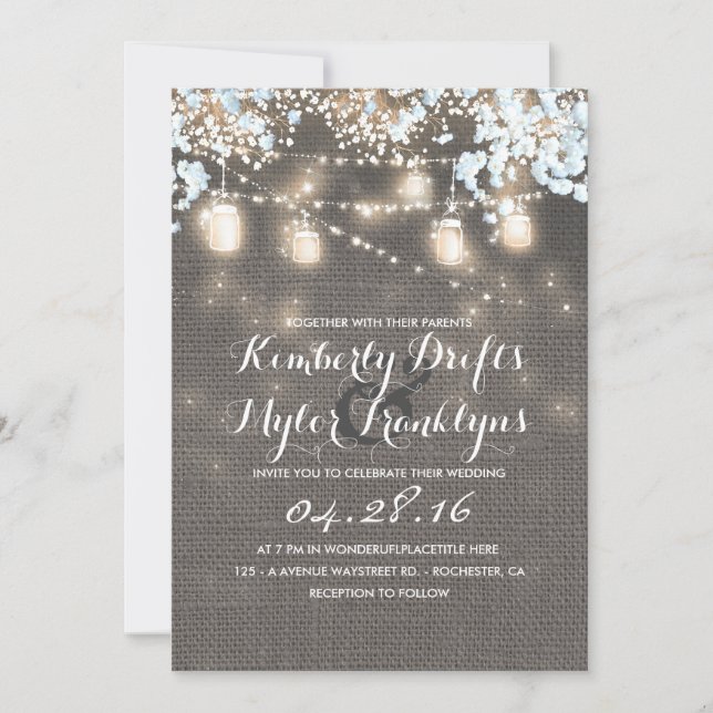 String Lights Mason Jars Rustic Burlap Wedding Invitation (Front)