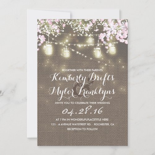 String Lights Mason Jars Rustic Burlap Wedding Invitation