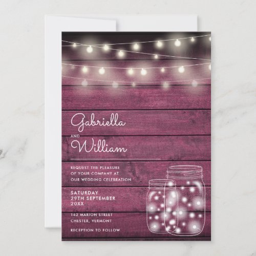 String Lights Mason Jars Rustic Red Wood Wedding Invitation